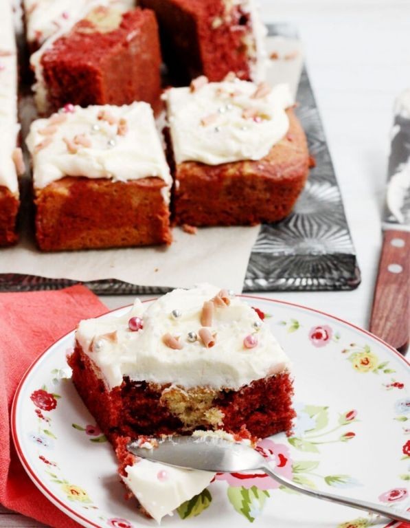 Red Velvet Marbled Yellow Cake with Cream Cheese Frosting