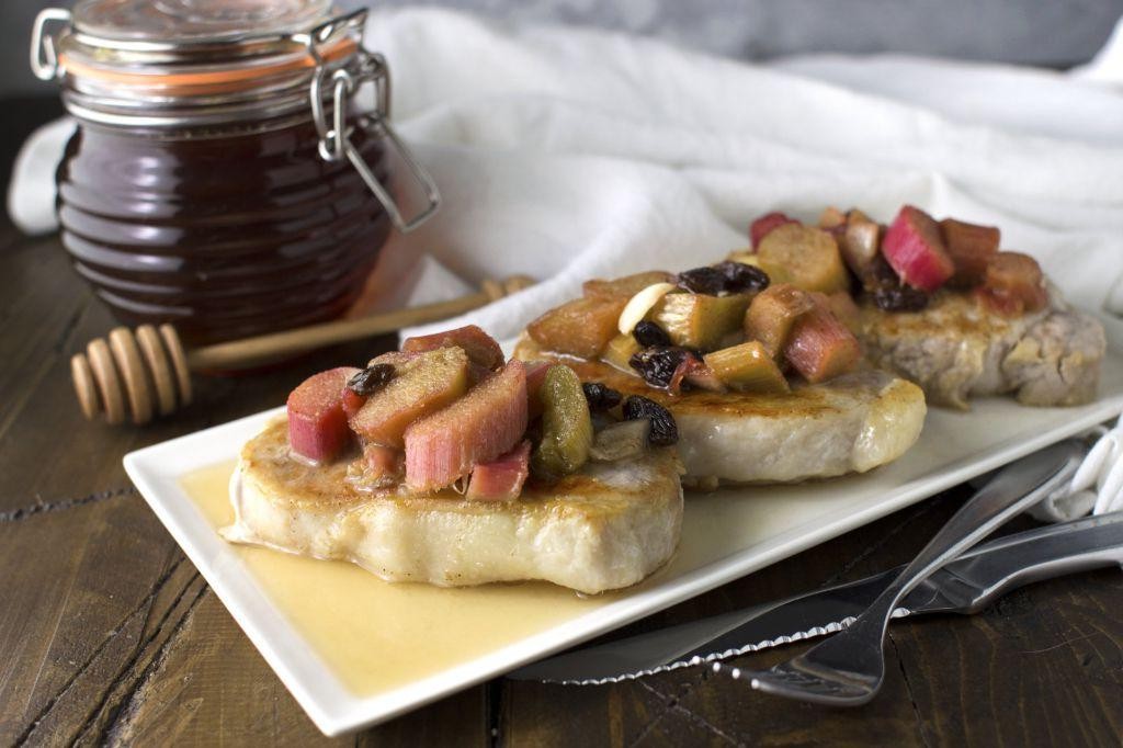 Rhubarb and Bacon Stuffed Pork Chops