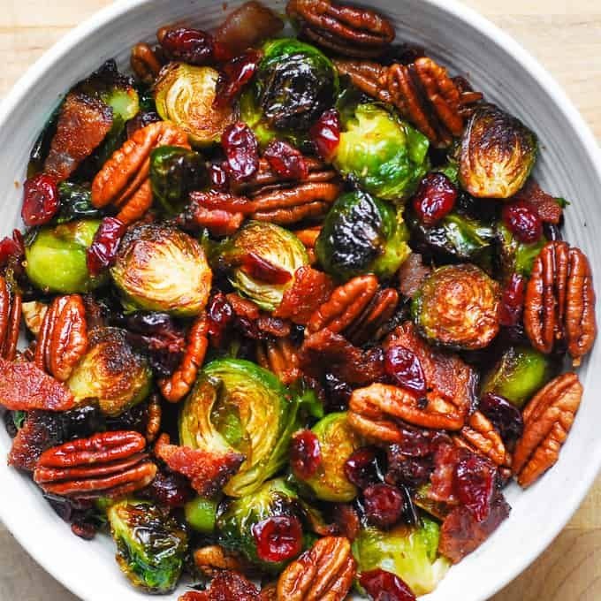 Roasted Brussels Sprouts with Cranberries and Pecans