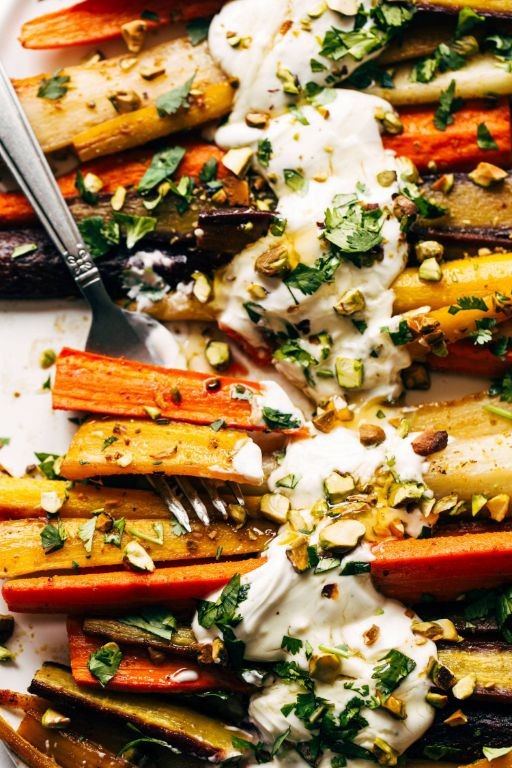 Roasted Carrots with Chive Blossom Yogurt Dip