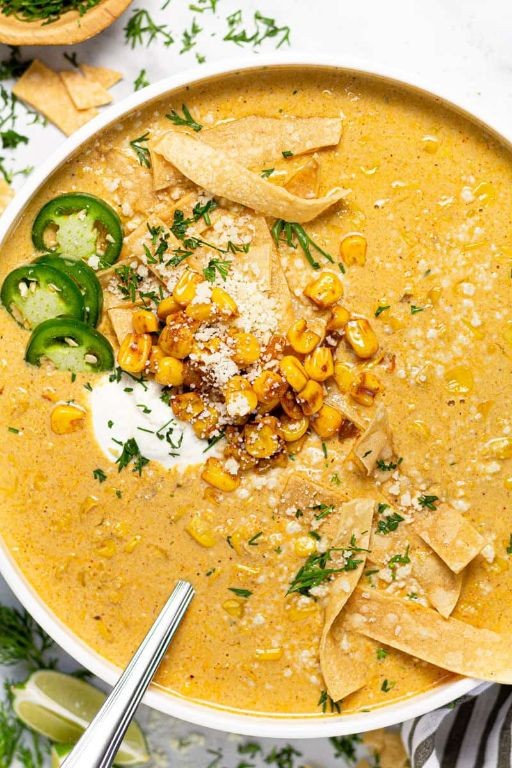 Roasted Elote Soup with Crispy Tortilla Strips