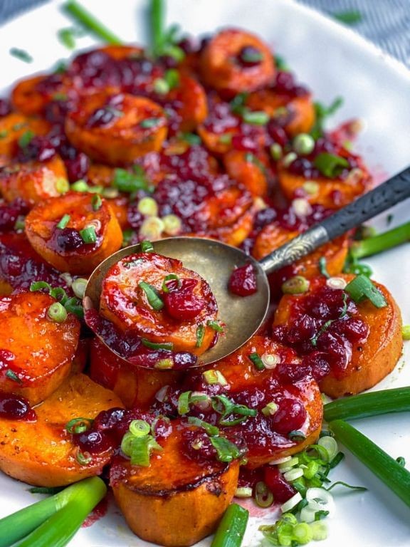Roasted Sweet Potatoes with Cranberry Glaze