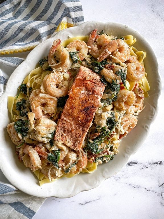 Salmon and Shrimp Alfredo with Fettuccine
