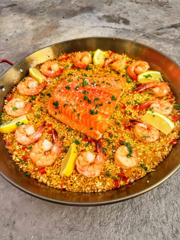 Salmon and Shrimp Paella with Saffron Rice