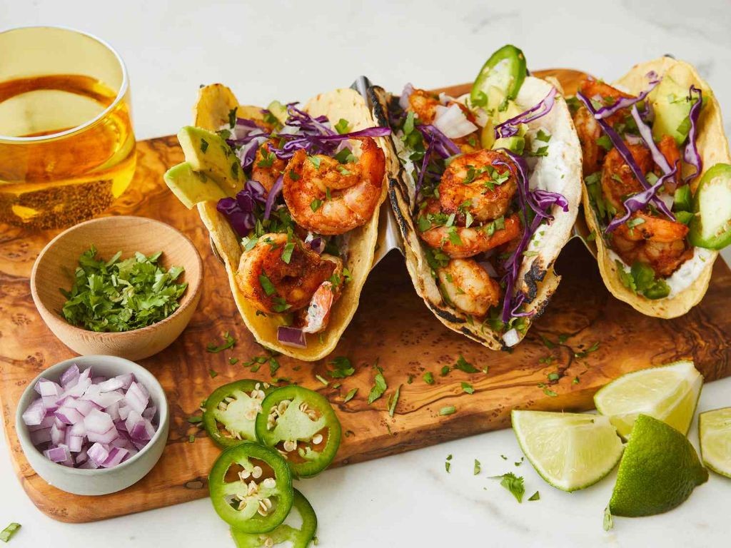 Salmon and Shrimp Tacos with Lime Crema