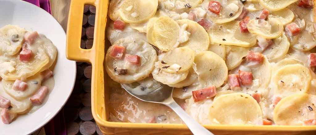 Scalloped Potatoes and Ham with Creamy Mushroom Sauce