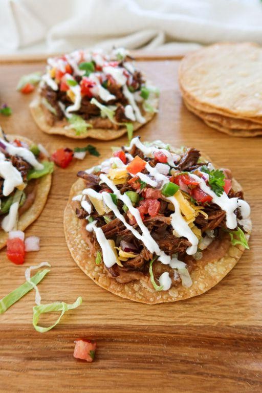 Shredded Beef Tostadas with Roasted Poblano Peppers