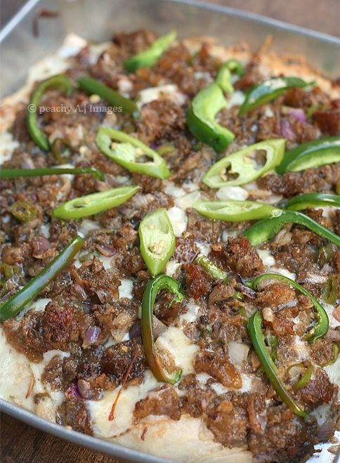 Sisig Pizza with Mozzarella and Green Chilies