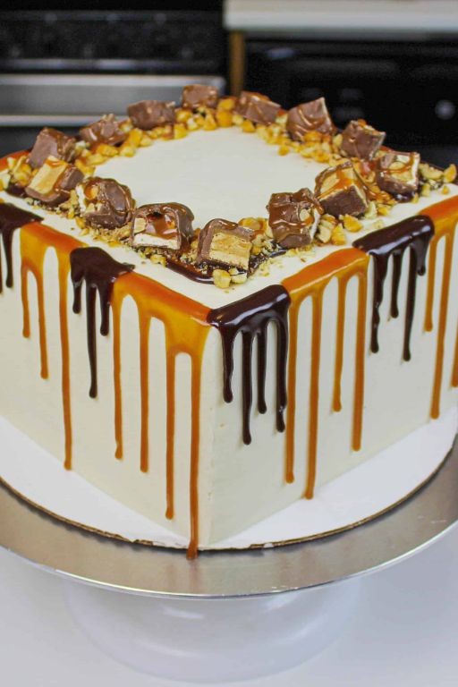 Snickers Chocolate Sheet Cake with Caramel Drizzle