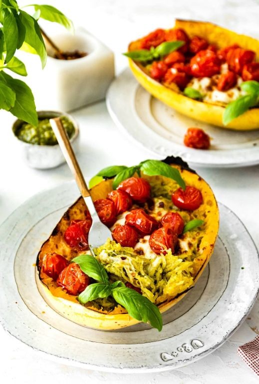 Spaghetti Squash with Pesto and Cherry Tomatoes