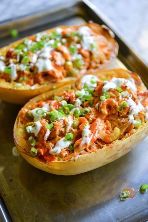 Spicy Buffalo Chicken Spaghetti Squash