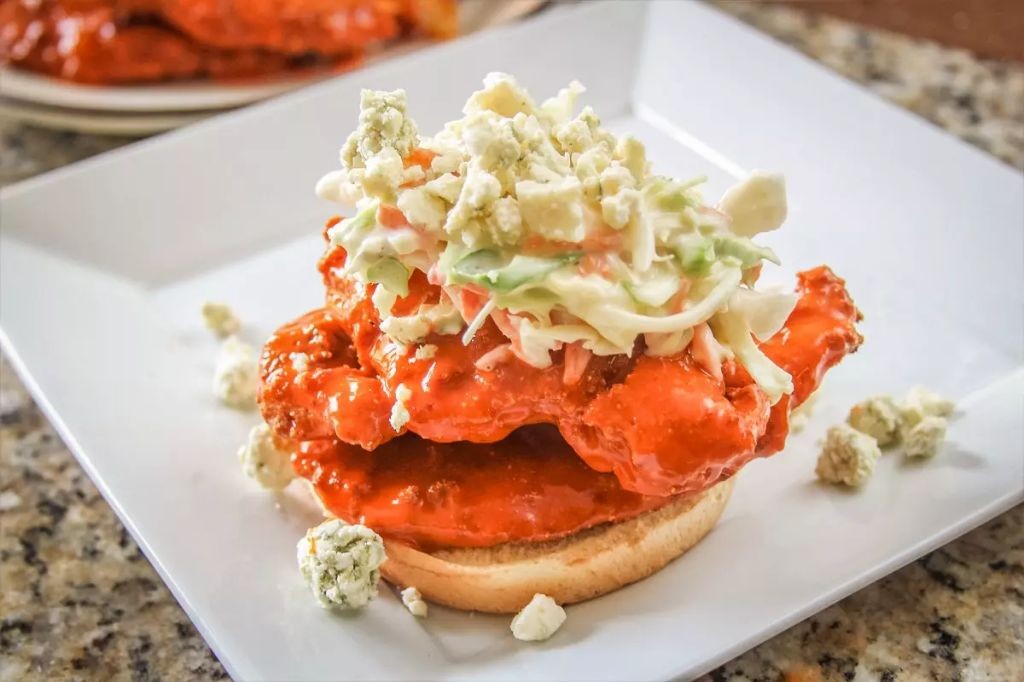 Spicy Buffalo Fried Fish Sandwich with Blue Cheese Slaw