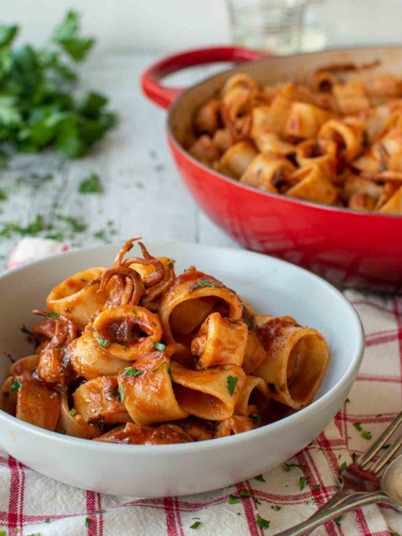 Spicy Calamarata Pasta with Squid and Cherry Tomatoes