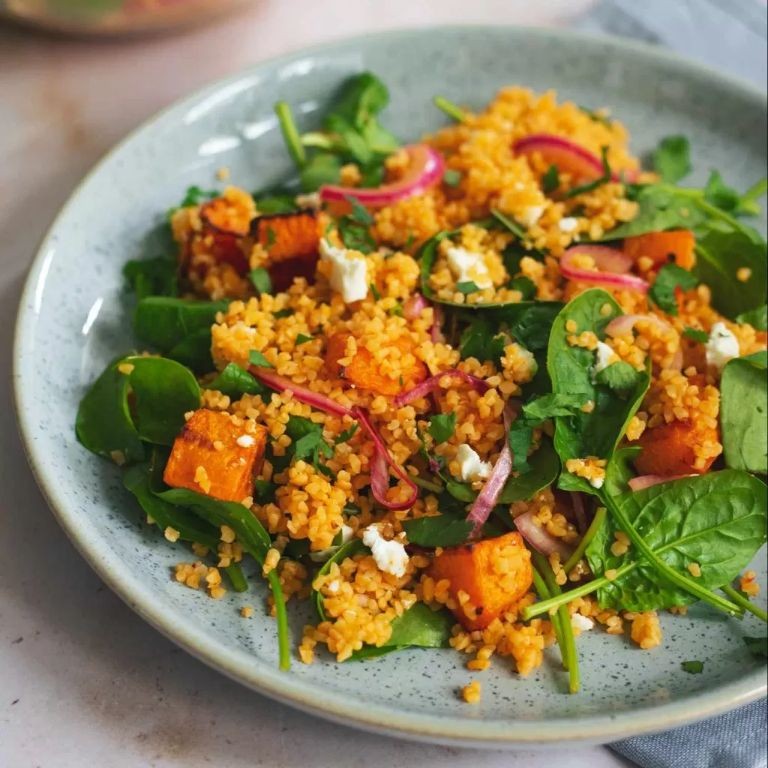 Spicy Harissa Bulgur Salad with Roasted Vegetables