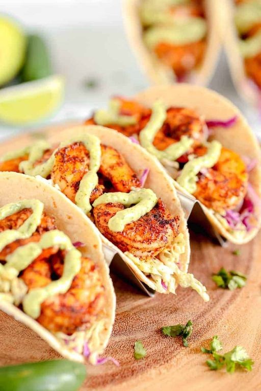 Spicy Langostino Tacos with Avocado Crema