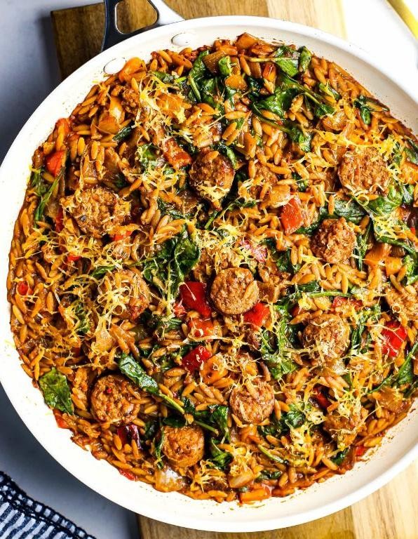 Spicy Sausage and Orzo Skillet