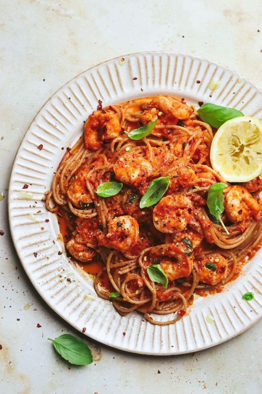 Spicy Shrimp Pasta with Roasted Red Peppers