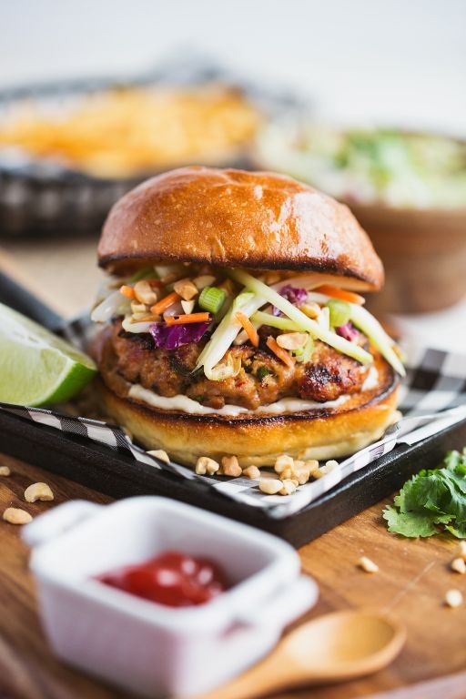 Spicy Thai Ground Chicken Burgers with Peanut Sauce