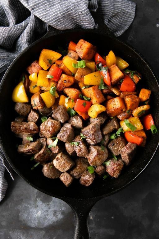 Steak Cube and Sweet Potato Skillet