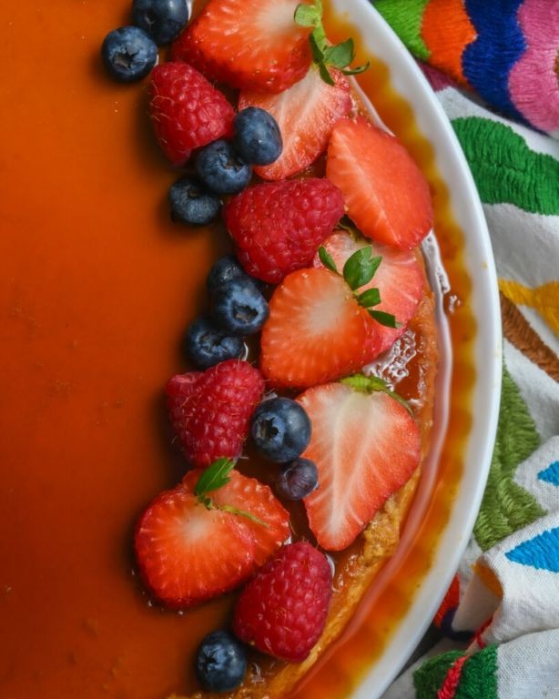 Strawberry Shortcake Flan with Fresh Berries