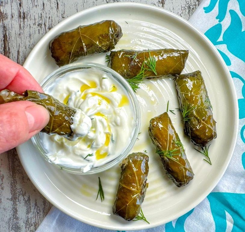 Stuffed grape leaves with lemon yogurt dip