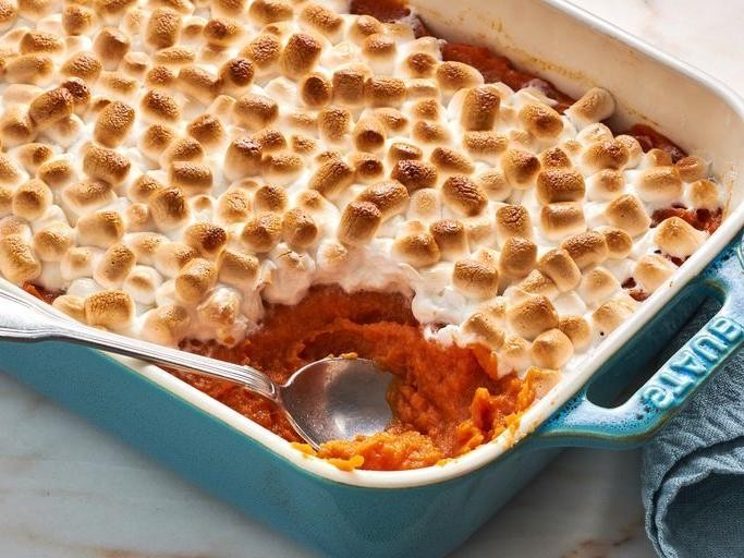 Sweet Potato Funeral Potatoes with Marshmallow Topping