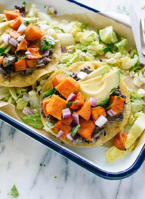 Sweet Potato and Black Bean Tostadas with Avocado Crema