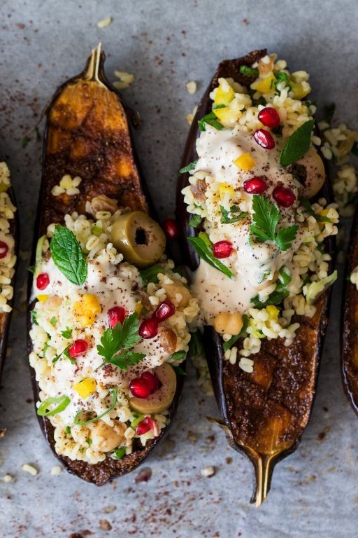 Tahini Dressed Bulgur Salad with Roasted Eggplant