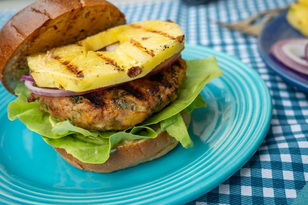 Teriyaki Glazed Ground Chicken Burgers with Pineapple