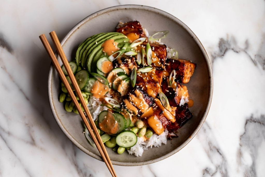 Teriyaki Glazed Salmon and Shrimp Bowl