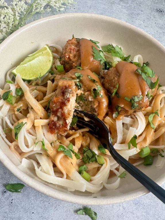 Thai Peanut Chicken Meatballs with Noodles