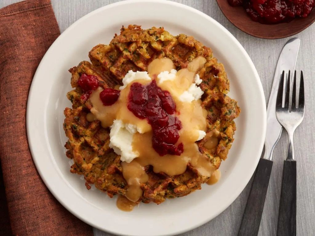 Thanksgiving Leftover Chicken and Stuffing Waffles
