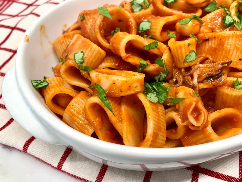 Tomato Basil Calamarata Pasta with Grilled Calamari