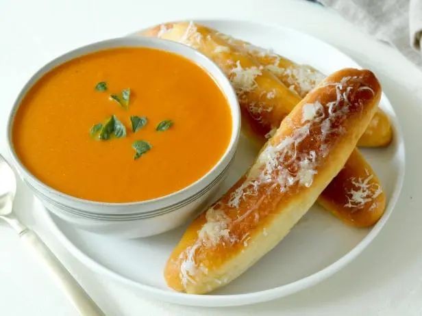 Tomato Soup with Garlic Breadsticks