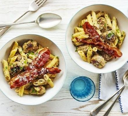 Tortellini Carbonara with Crispy Pancetta and Sausage
