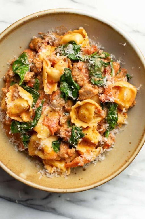 Tortellini with Spicy Sausage and Roasted Garlic Cream
