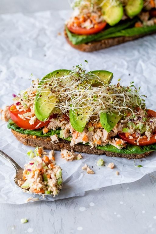Tuna salad with avocado and whole grain toast