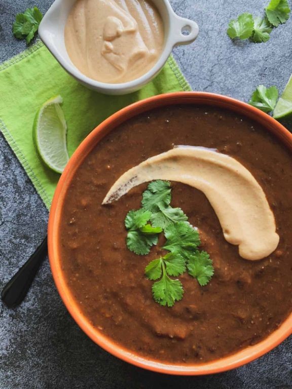 Vegan Black Bean Soup with Cashew Cream