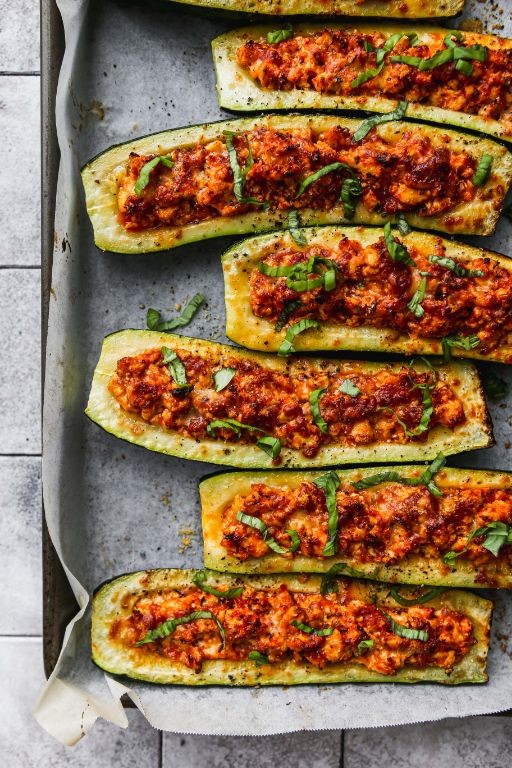 Vegan Ground Beef Stuffed Zucchini Boats