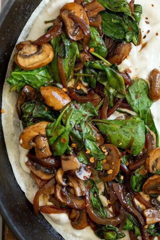 Vegan Mushroom and Spinach Tostadas with Cashew Cream