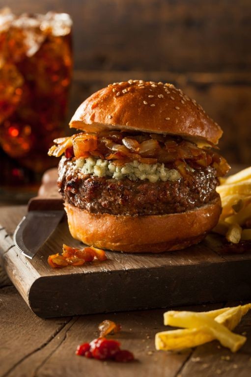 Venison Burgers with Blue Cheese and Caramelized Onions
