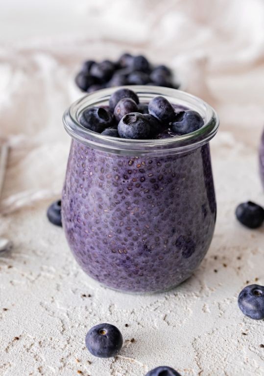 Violet and blueberry chia seed pudding