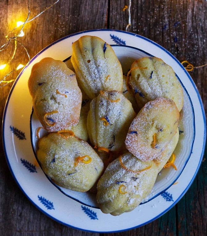 Violet and orange blossom water madeleines
