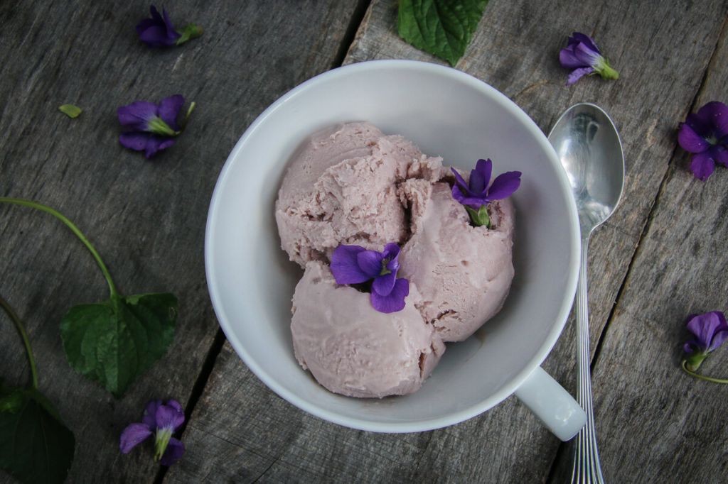 Violet petal ice cream with edible glitter