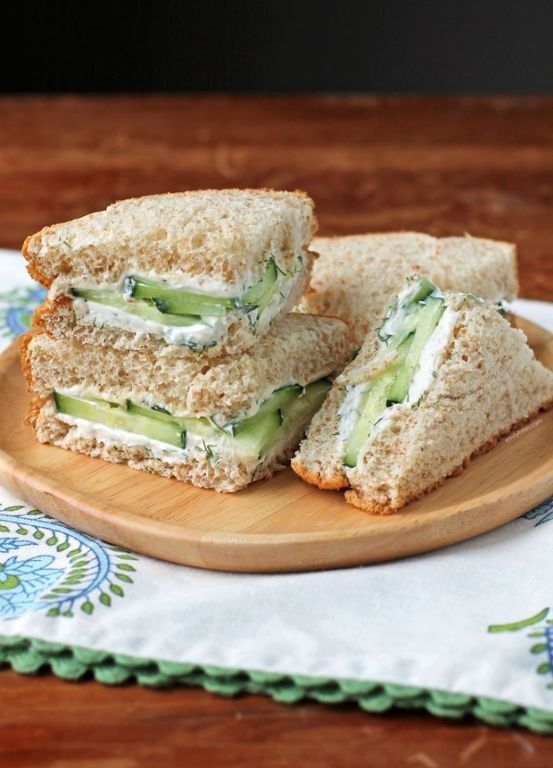 Violet tea sandwiches with cucumber and cream cheese