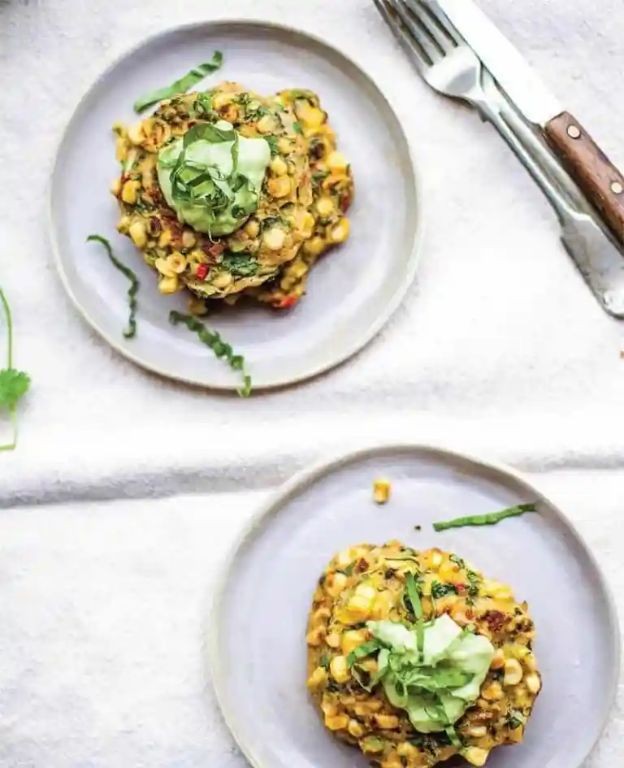Zucchini and Corn Fritters with Avocado Crema