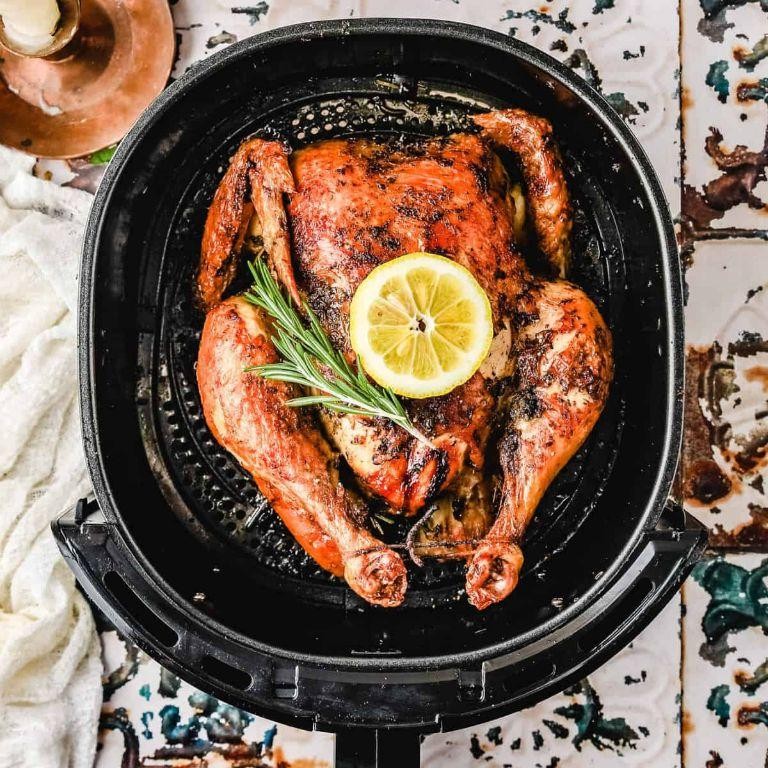 Air Fryer Rotisserie Chicken with Herb Butter Glaze
