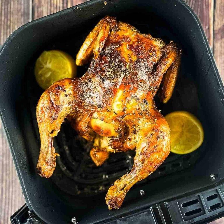 Air Fryer Rotisserie Chicken with Lemon Garlic Sauce