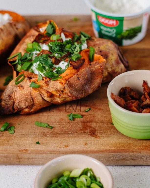 Baked Sweet Potato with Cottage Cheese and Chives