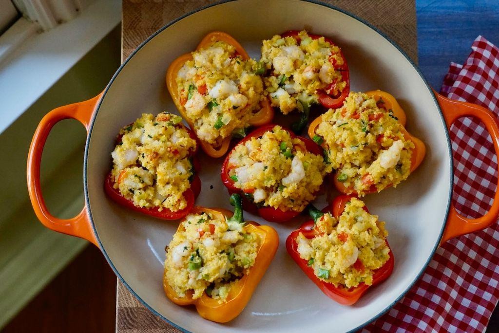 Baked deviled shrimp stuffed bell peppers